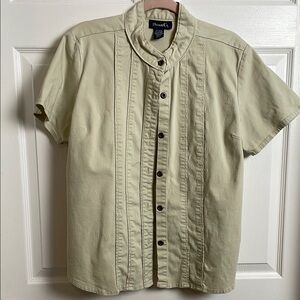 Denim & Co Shirt Short Sleeve Button Front Large Banded Collar Womens Tan Cream